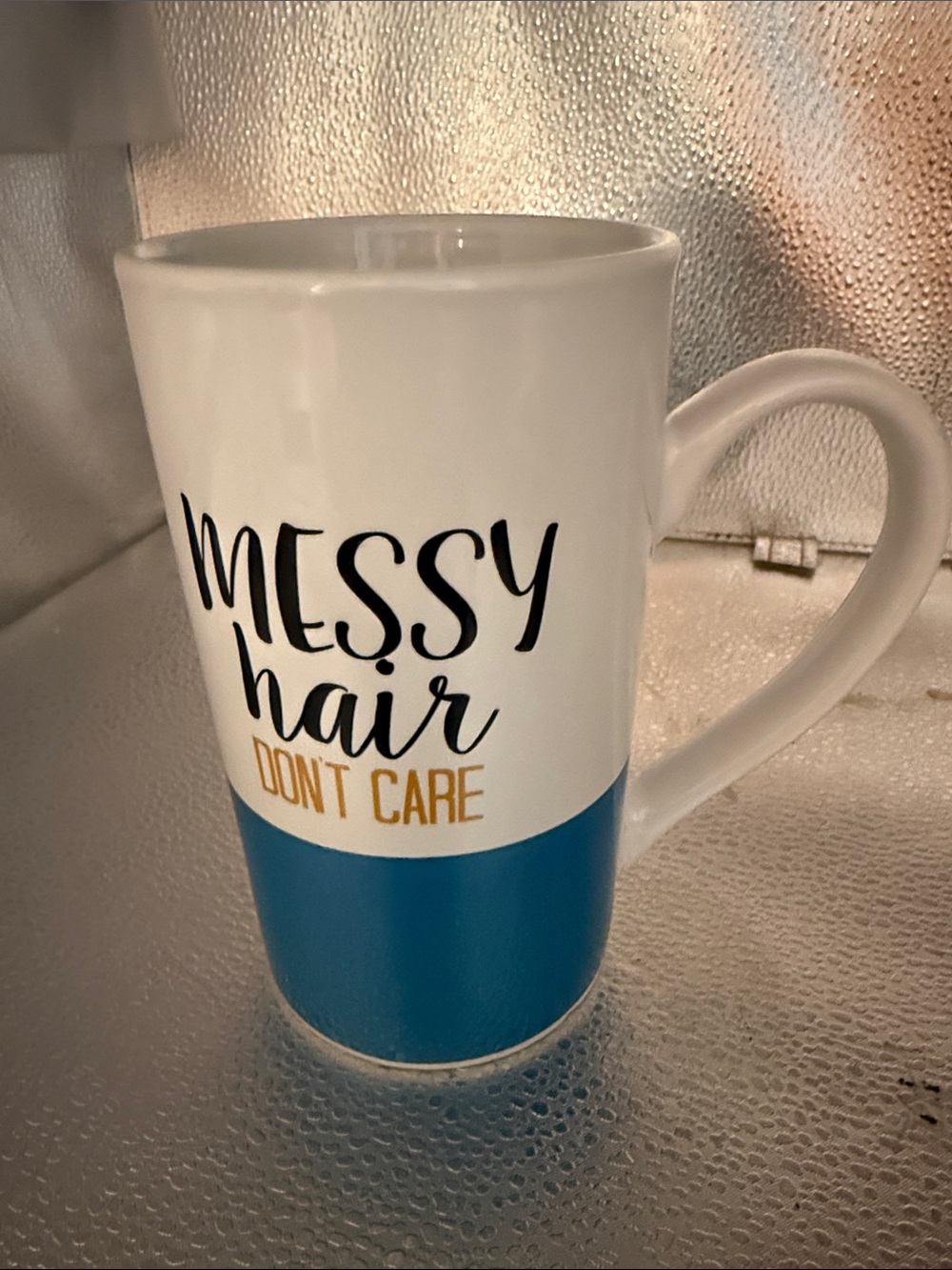 White and Teal Ceramic Mug - "Messy Hair Don't Care"